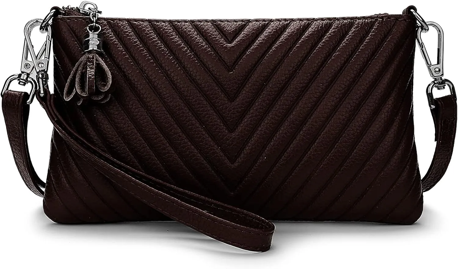 YALUXE Womens Wristlet Real Leather Chevron Tassel Large V Clutch Wallet with Shoulder Strap