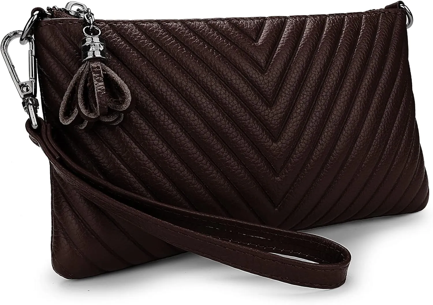 YALUXE Womens Wristlet Real Leather Chevron Tassel Large V Clutch Wallet with Shoulder Strap