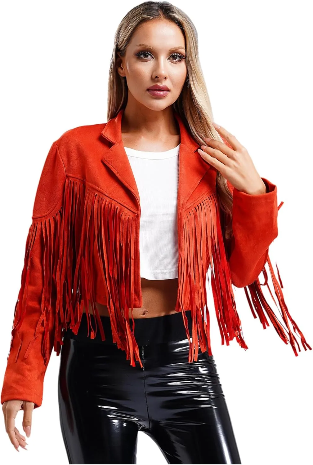 YiZYiF Women's Fringe Faux Suede Leather Jackets Fashion Cowgirl Tassel Motorcycle Cropped Coats