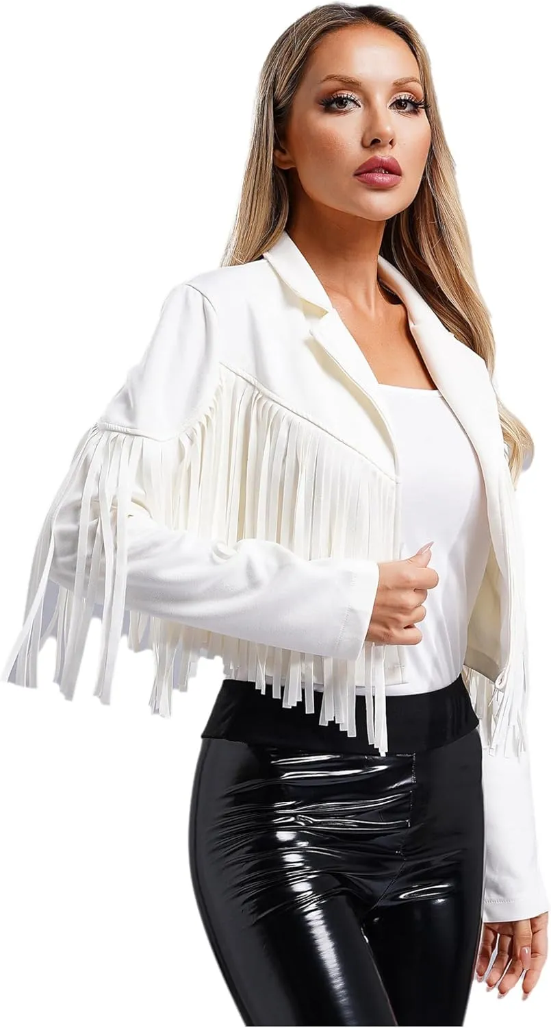 YiZYiF Women's Fringe Faux Suede Leather Jackets Fashion Cowgirl Tassel Motorcycle Cropped Coats