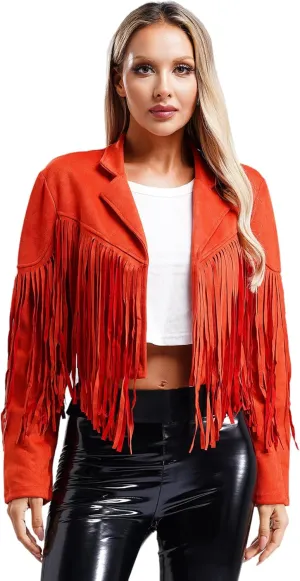YiZYiF Women's Fringe Faux Suede Leather Jackets Fashion Cowgirl Tassel Motorcycle Cropped Coats