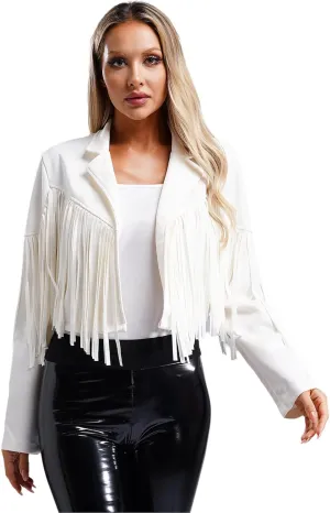 YiZYiF Women's Fringe Faux Suede Leather Jackets Fashion Cowgirl Tassel Motorcycle Cropped Coats
