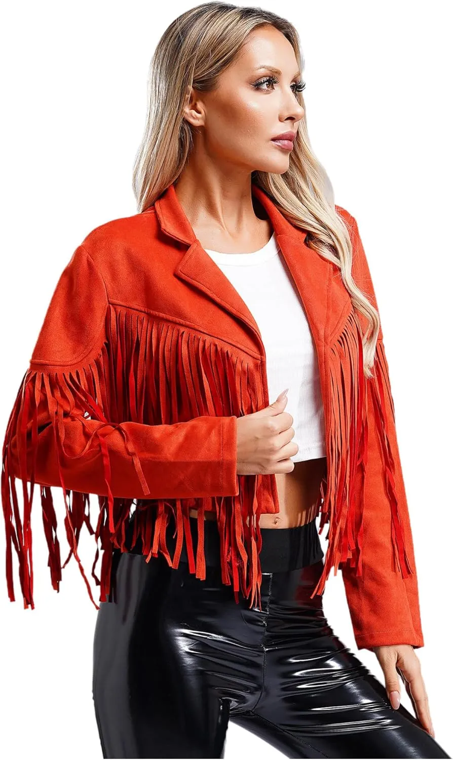 YiZYiF Women's Fringe Faux Suede Leather Jackets Fashion Cowgirl Tassel Motorcycle Cropped Coats
