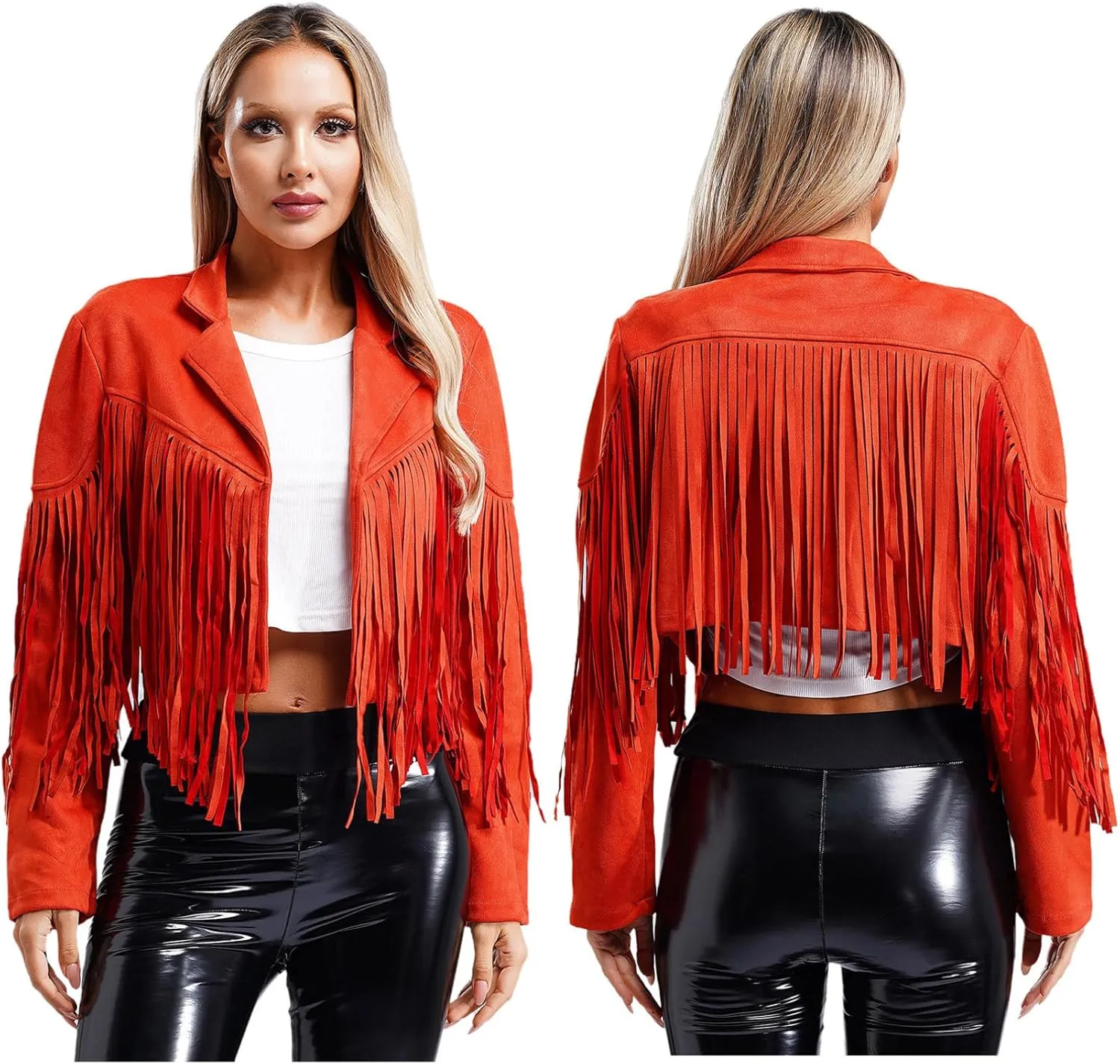YiZYiF Women's Fringe Faux Suede Leather Jackets Fashion Cowgirl Tassel Motorcycle Cropped Coats