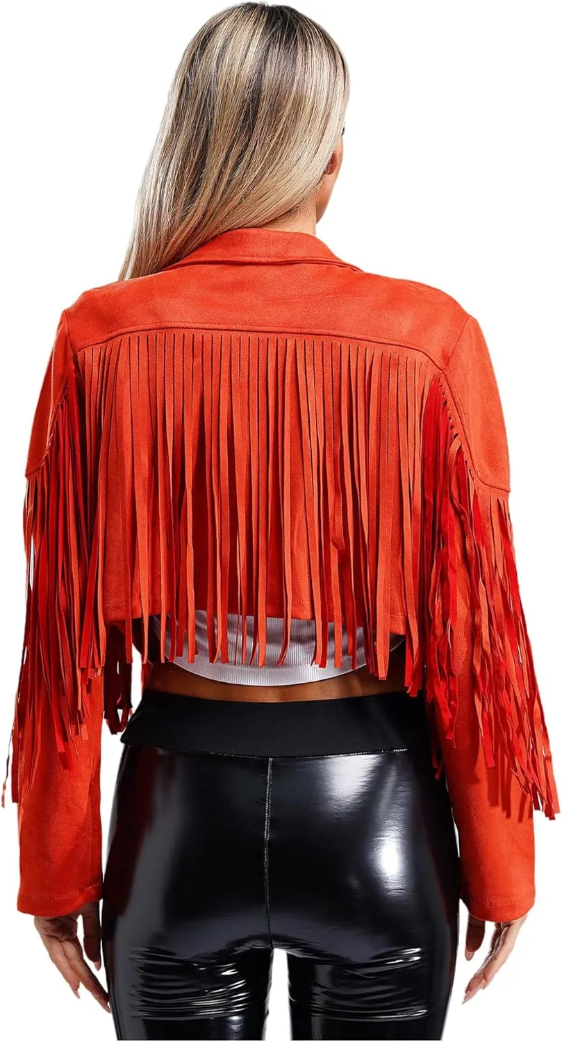 YiZYiF Women's Fringe Faux Suede Leather Jackets Fashion Cowgirl Tassel Motorcycle Cropped Coats