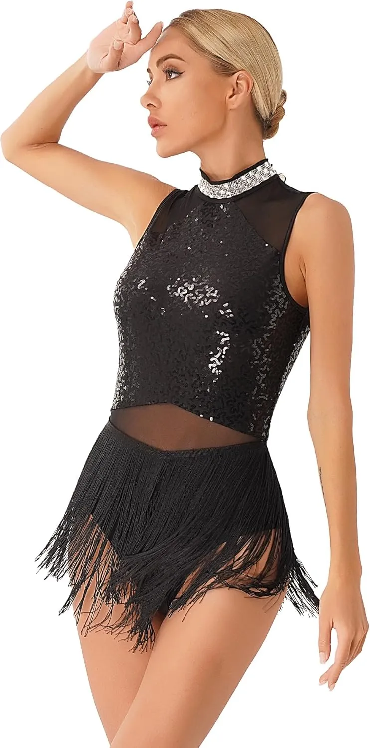 YiZYiF Womens Rhinestone Fringe Dance Costume Latin Samba Rumba Dance Dress Ballroom Dancewear