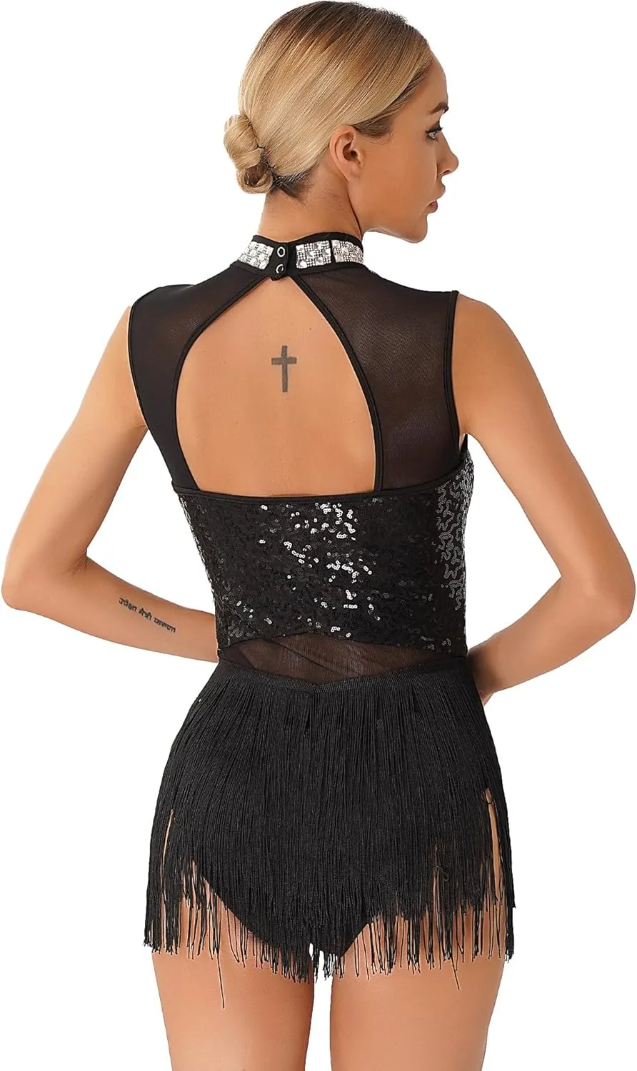 YiZYiF Womens Rhinestone Fringe Dance Costume Latin Samba Rumba Dance Dress Ballroom Dancewear