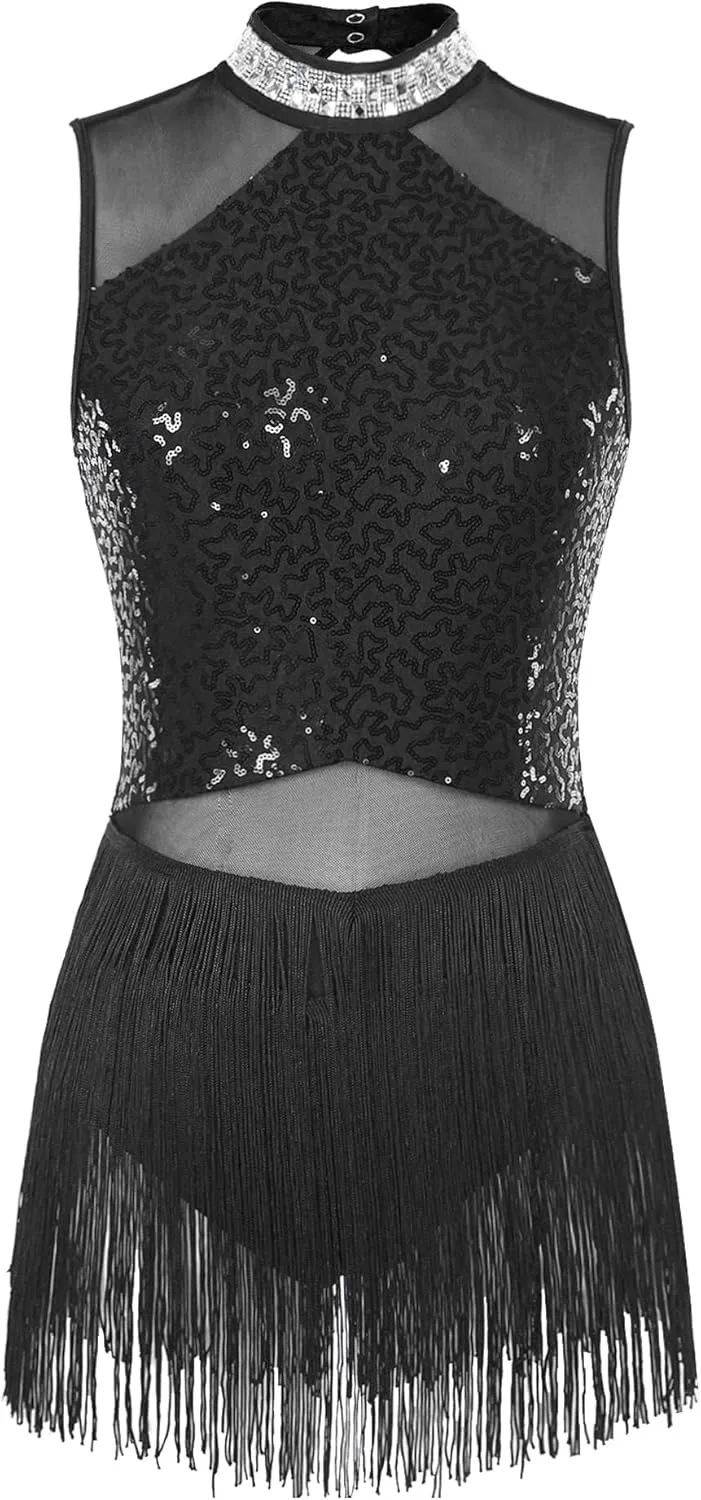 YiZYiF Womens Rhinestone Fringe Dance Costume Latin Samba Rumba Dance Dress Ballroom Dancewear