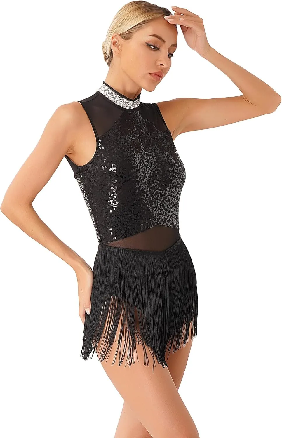 YiZYiF Womens Rhinestone Fringe Dance Costume Latin Samba Rumba Dance Dress Ballroom Dancewear