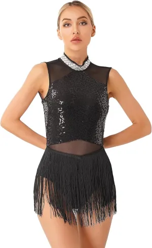 YiZYiF Womens Rhinestone Fringe Dance Costume Latin Samba Rumba Dance Dress Ballroom Dancewear