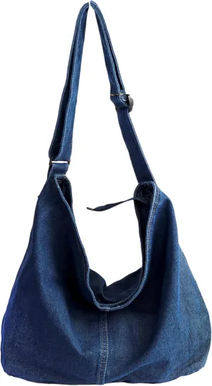 YunZh Denim Shoulder Bag for Women, Casual Style Lightweight Classic Retro Travel Shopper Hobo Bag