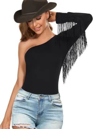 Zando Women's Fringe One Shoulder Bodysuit Nashville Outfits Top Tank Sexy Bodysuits for Women Western Outfit Going Out
