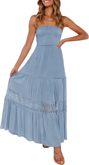 ZESICA Women's 2025 Summer Bohemian Strapless Off Shoulder Lace Trim Backless Flowy A Line Beach Long Maxi Dress