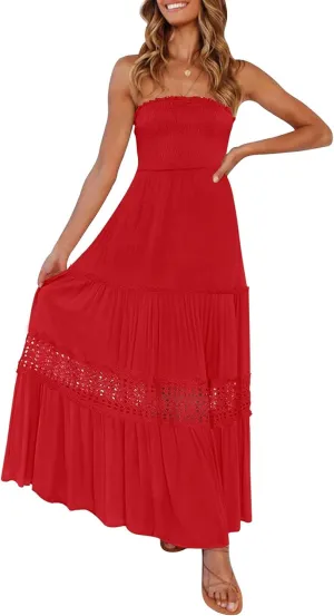 ZESICA Women's 2025 Summer Bohemian Strapless Off Shoulder Lace Trim Backless Flowy A Line Beach Long Maxi Dress
