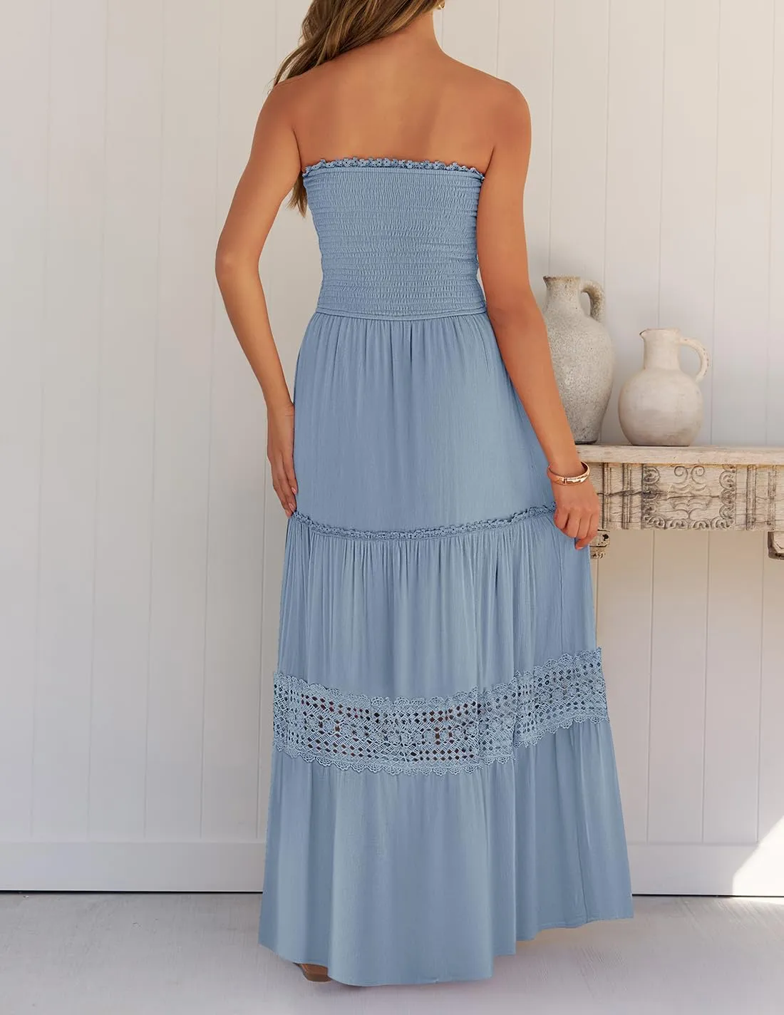 ZESICA Women's 2025 Summer Bohemian Strapless Off Shoulder Lace Trim Backless Flowy A Line Beach Long Maxi Dress