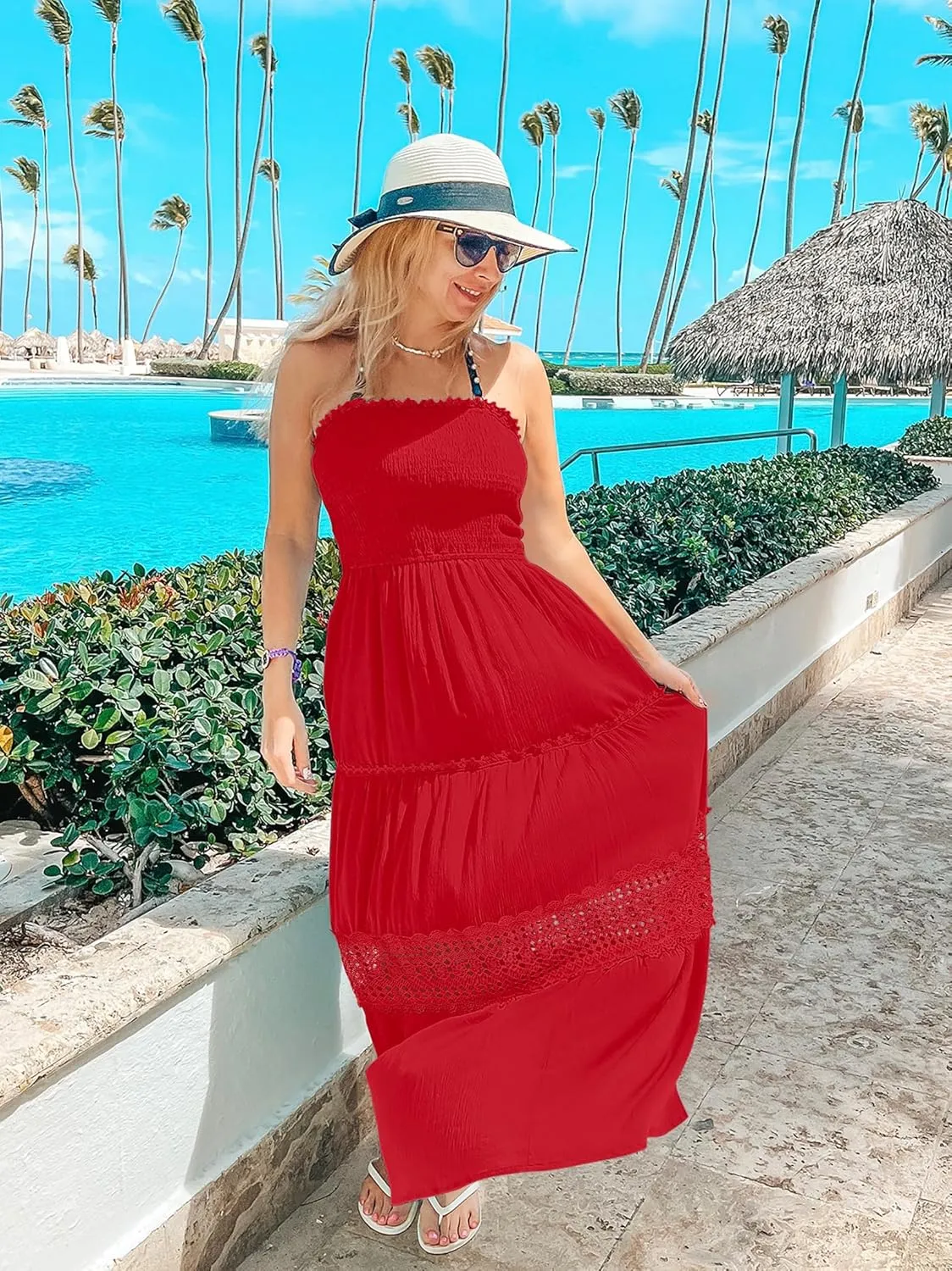 ZESICA Women's 2025 Summer Bohemian Strapless Off Shoulder Lace Trim Backless Flowy A Line Beach Long Maxi Dress