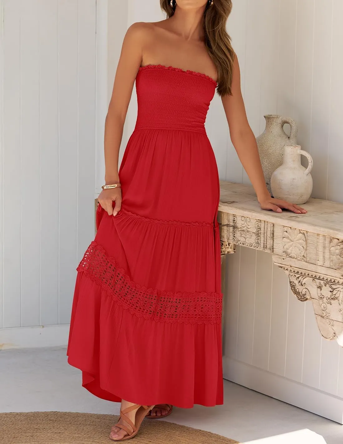 ZESICA Women's 2025 Summer Bohemian Strapless Off Shoulder Lace Trim Backless Flowy A Line Beach Long Maxi Dress