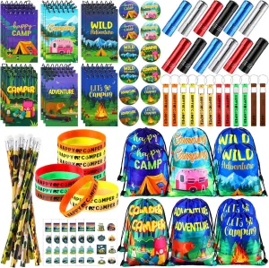 Zhanmai 140 Pcs Happy Camping Party Favors Gifts Silicone Bracelets Stickers Camping Keychain Badge Camouflage Pencils Spiral Camp Adventure Theme Notepads Drawstring Bags Mini Flashlight for Kids