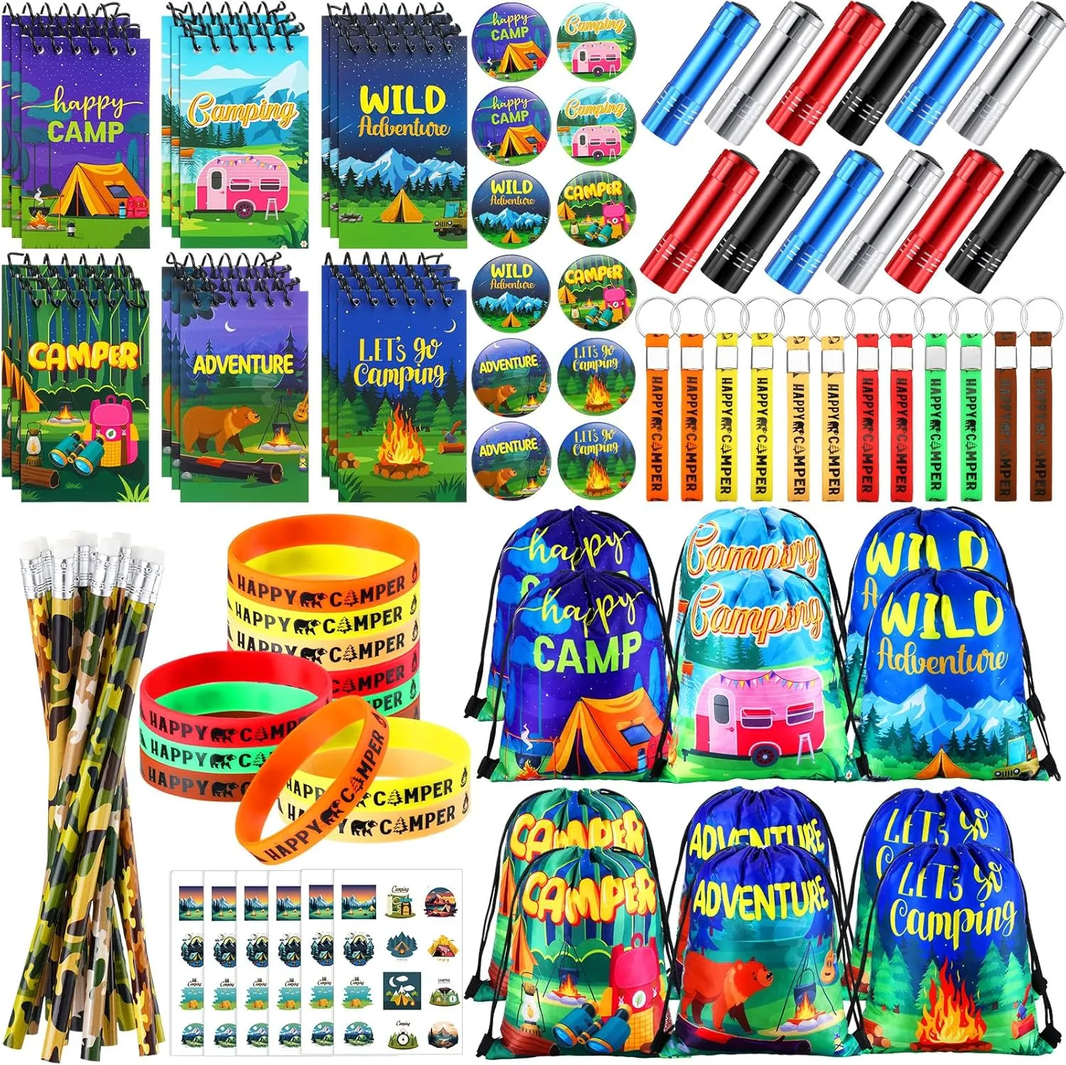 Zhanmai 140 Pcs Happy Camping Party Favors Gifts Silicone Bracelets Stickers Camping Keychain Badge Camouflage Pencils Spiral Camp Adventure Theme Notepads Drawstring Bags Mini Flashlight for Kids