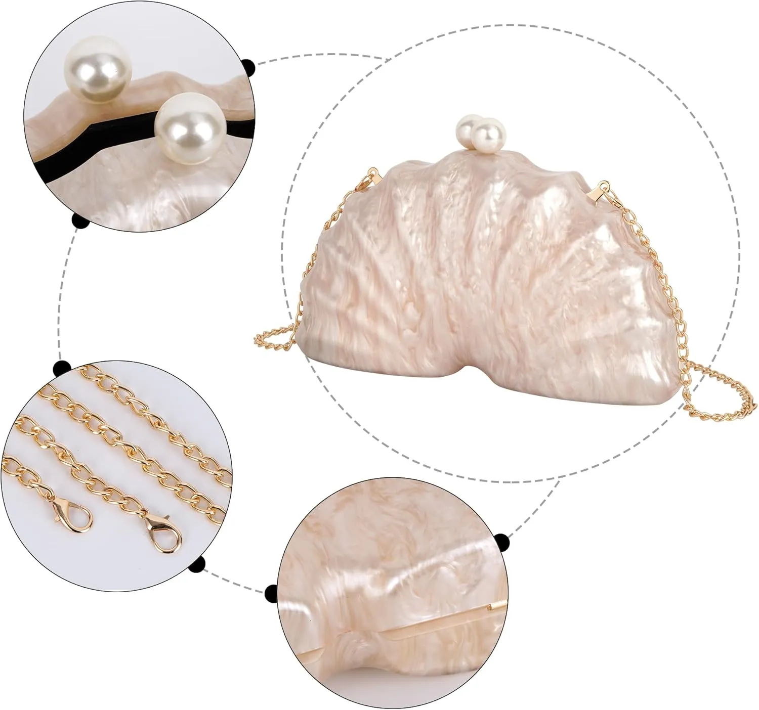 ZLM BAG US Glitter Seashell Evening Clutch Purse Mini Chain Crossbody Bag Pu Leather Shell Pearl Shoulder Bag