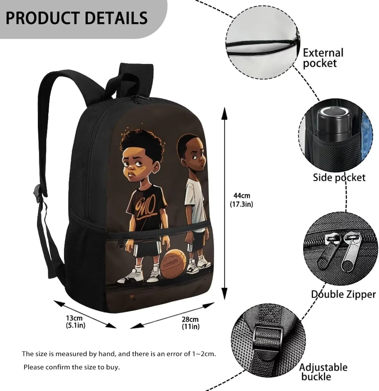 ZOUTAIRONG American Boy Backpack 13 Years Old Black Boys Bookbag with Bottle Holder African Book Bag for 3rd 4Th Grade Afro Kids School Bag for Boys Age 8-10 Back to School