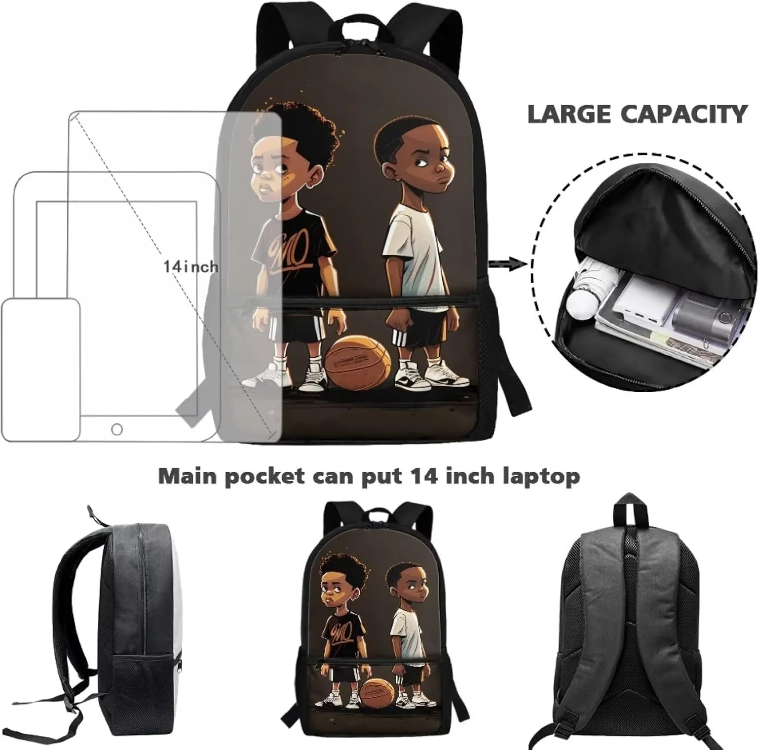 ZOUTAIRONG American Boy Backpack 13 Years Old Black Boys Bookbag with Bottle Holder African Book Bag for 3rd 4Th Grade Afro Kids School Bag for Boys Age 8-10 Back to School